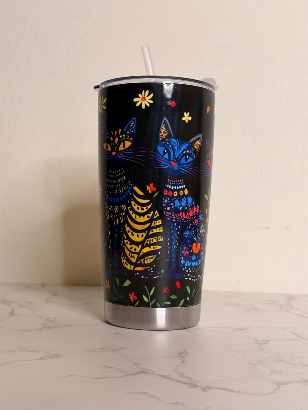 Black Cat Pattern Stainless Tumbler with Straw